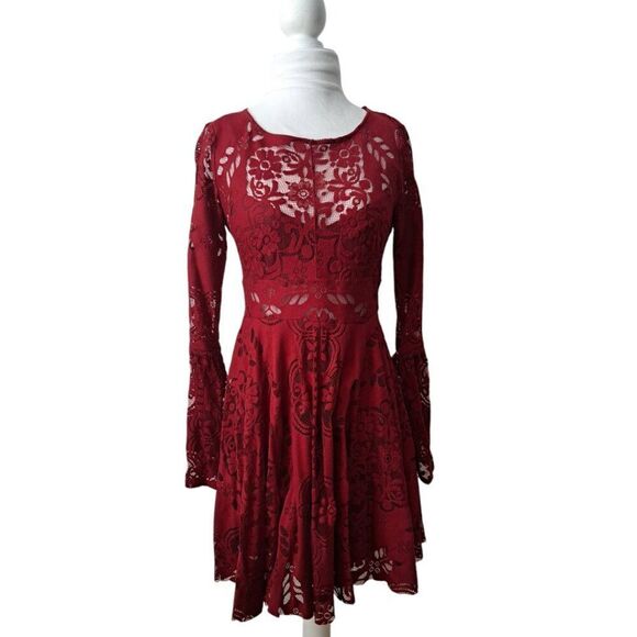 Free People Rich Red Lace Lovers Folk Song Dress Bell Sleeve Cut Out Boho Mini 2 - Picture 6 of 9